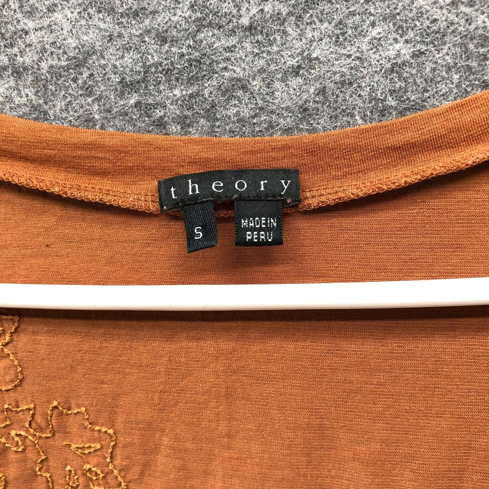 Theory Cap Sleeve V-Neck T Shirt Womens S Tan Lightweight Embroidered Thin - Picture 5 of 9